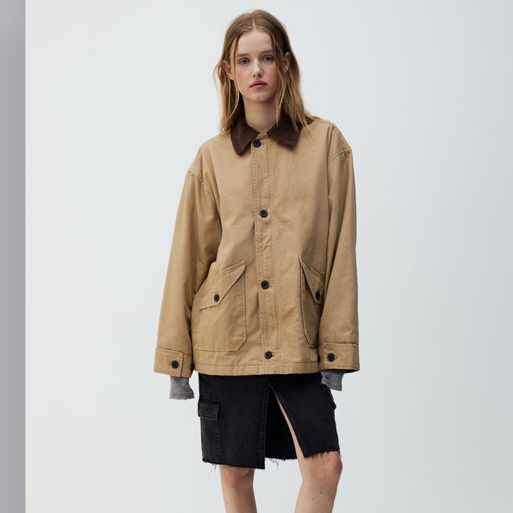 H&M Tan Utility Jacket with Brown Collar